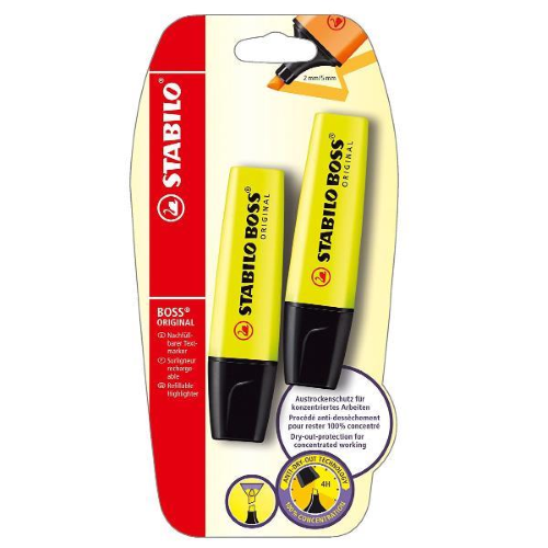 STABILO BOSS ORIGINAL EVIDENZIATORE TRATTO 2/5 MM GIALLO CONF 2 Pz.